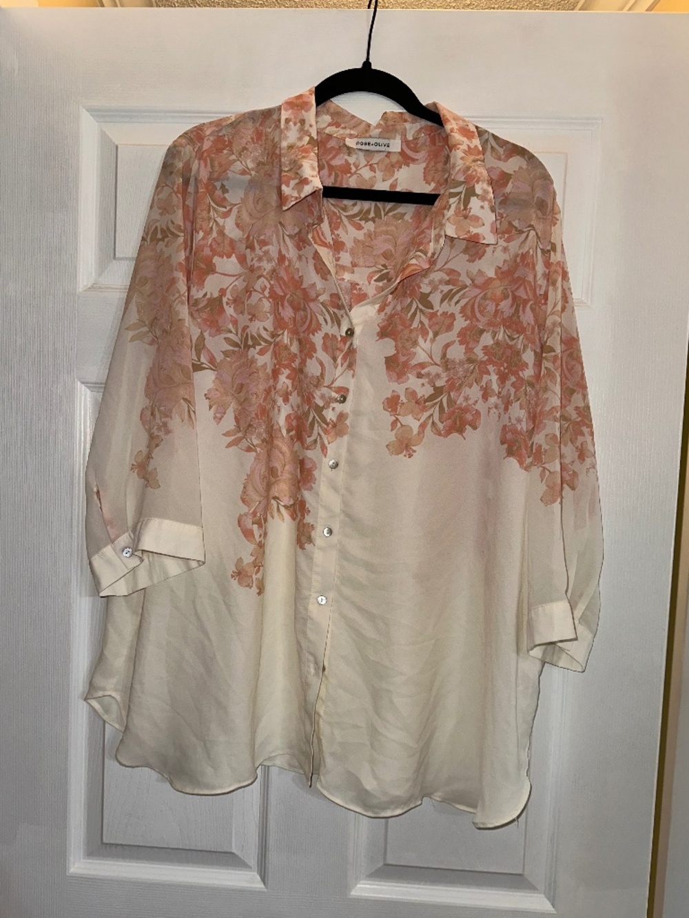 Rose + Olive Floral Button Front Blouse Women’s 2XL Pink Cream